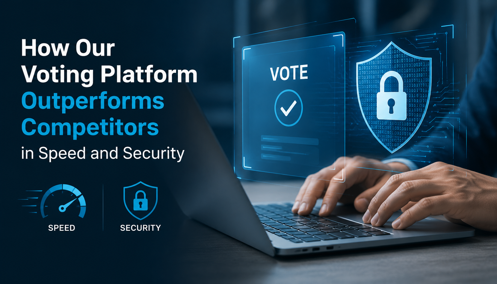 Secure online voting platform banner with laptop, digital vote interface, cybersecurity shield, and speed/security icons on a modern blue tech background.