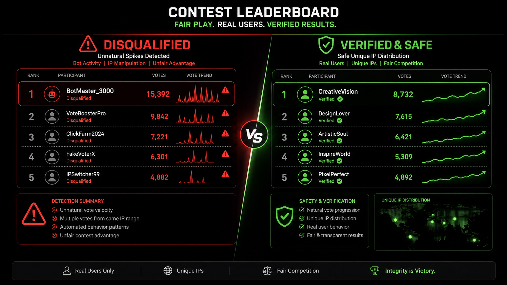 Infographic illustrating why contest votes get disqualified and how unique IP verification protects entries